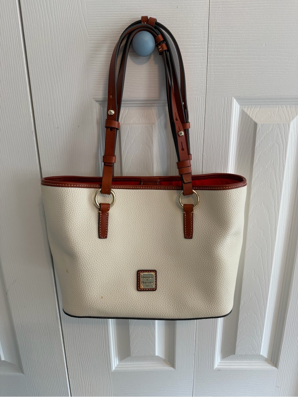 Dooney & Bourke Cream Pebble Leather Tote with Brown Trim and Red Interior